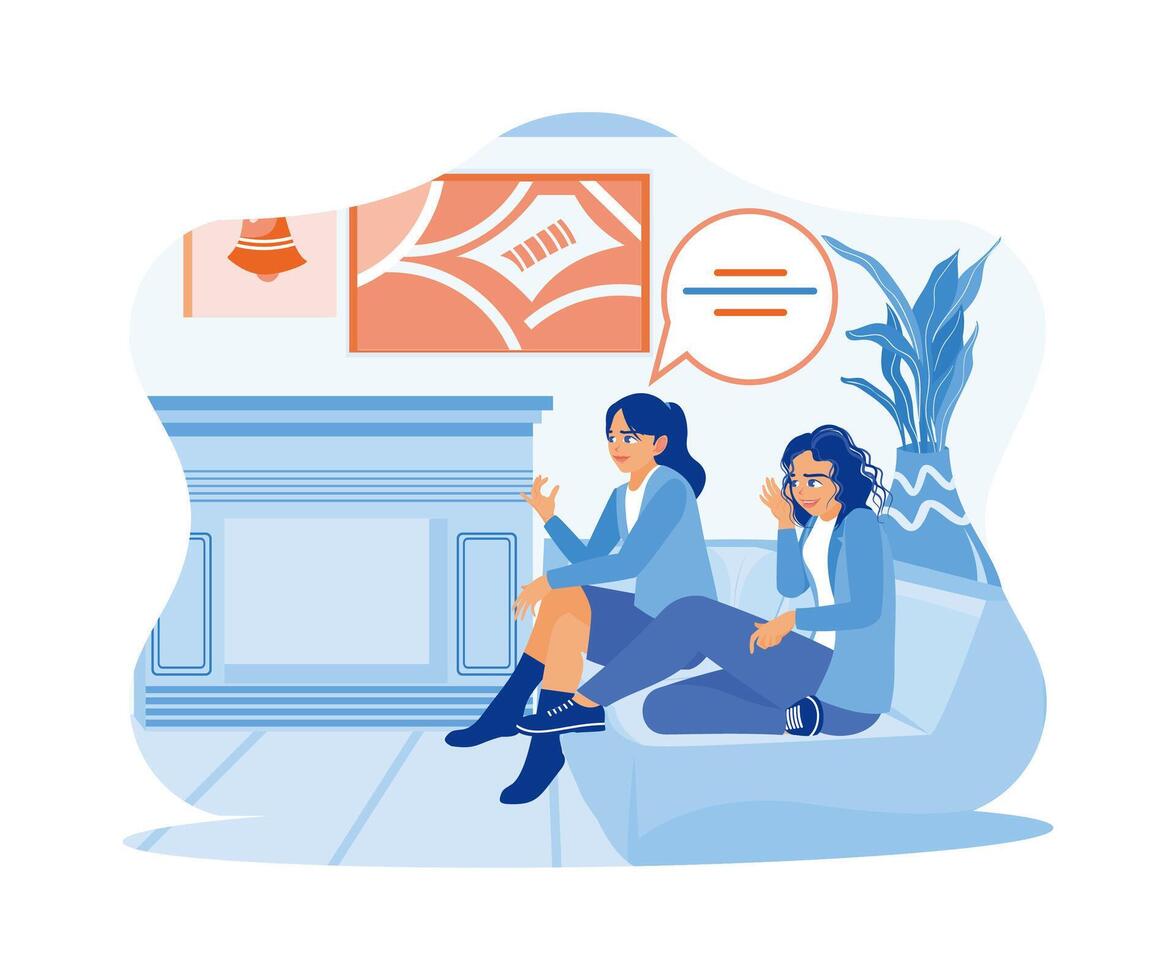 Smiling female friends gossiping while sitting on the sofa at home. Happy women spending time together having a friendly conversation. Smiling woman friends drinking tea at home. vector