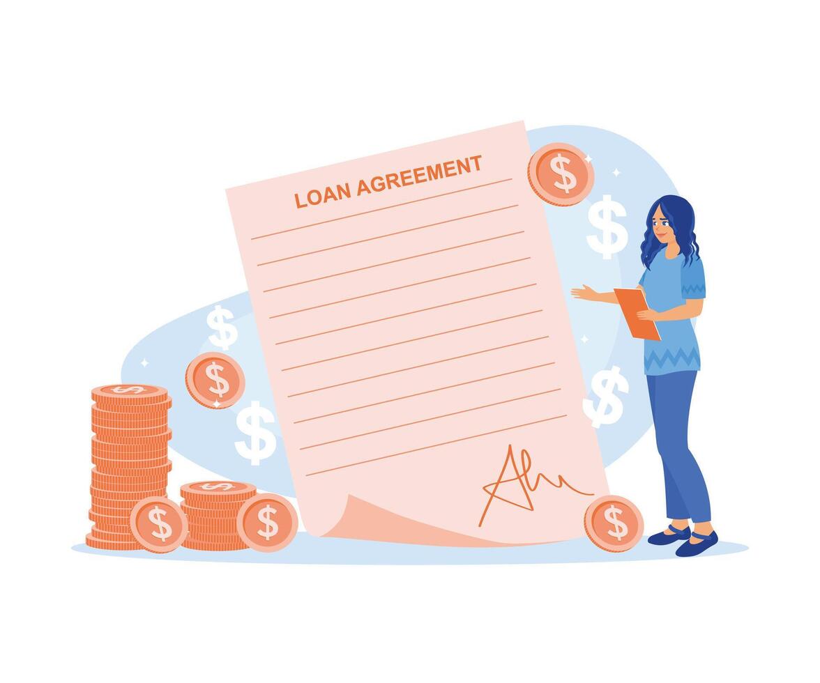 Woman holding loan agreement from the bank. Sign the loan agreement. Approved Loan concept. Flat vector illustration.