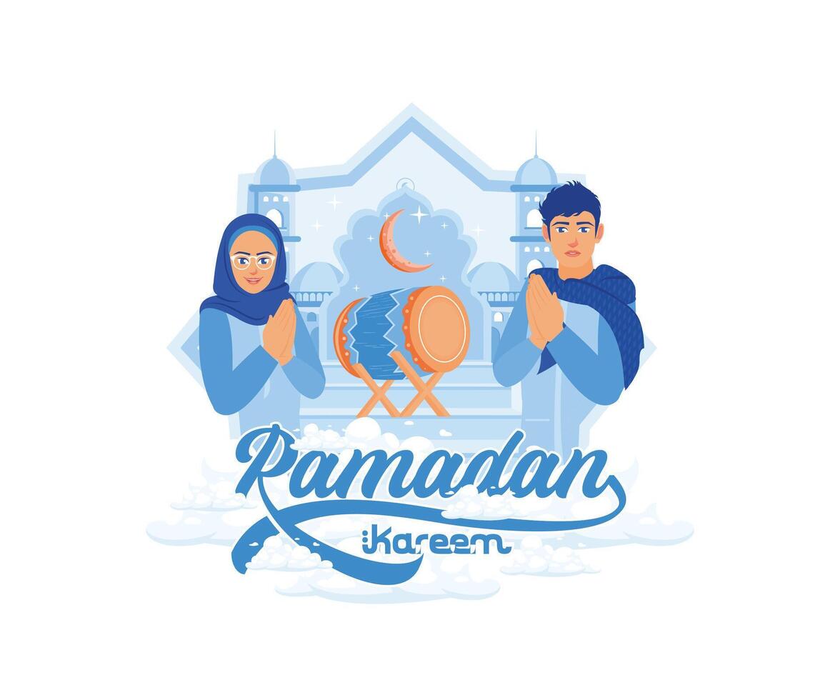 A couple of Muslim teenagers standing in front of the mosque wishing Ramadan Kareem. Drum and crescent moon in the background. Ramadan Kareem and Ramadan Mubarak greeting design concept. vector