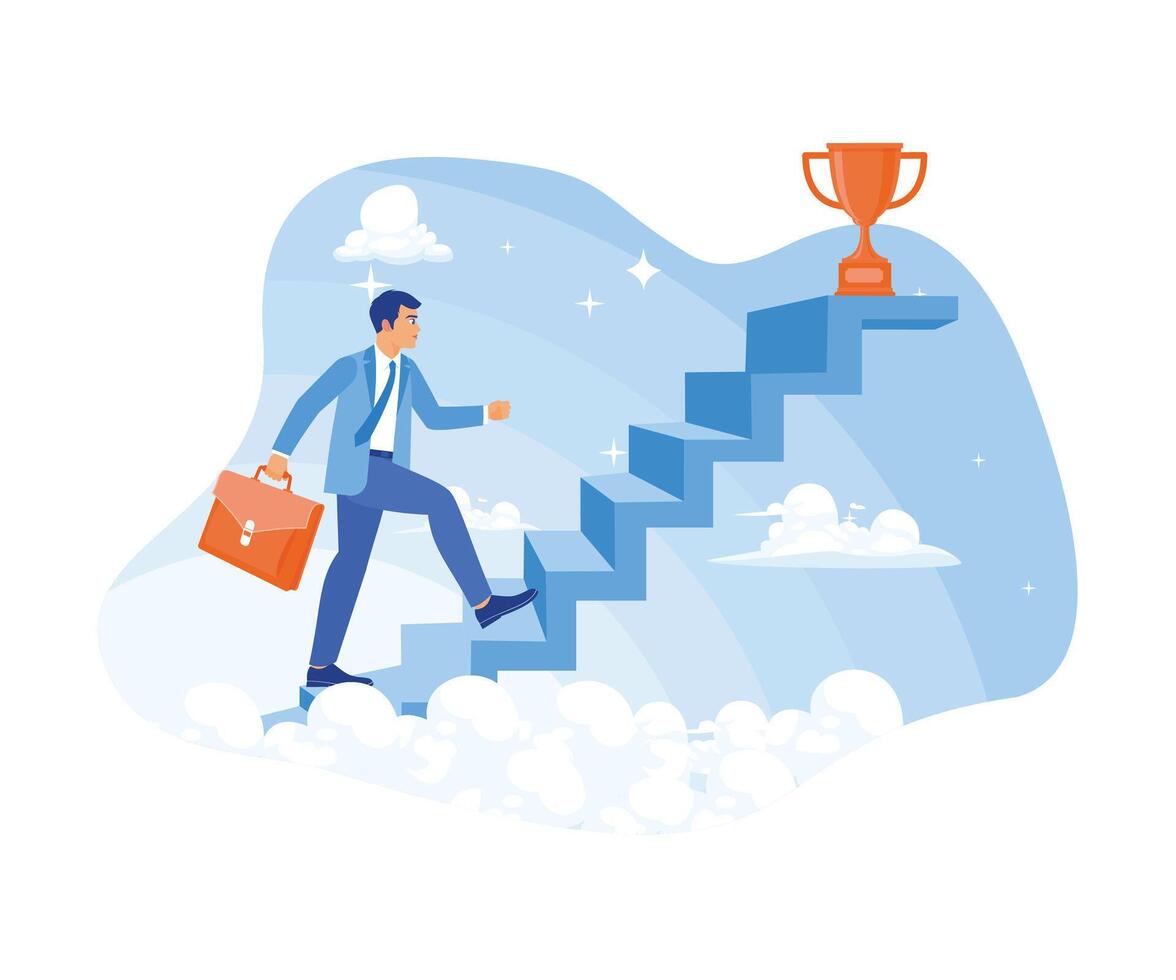 The man is walking up the stairs to get the trophy. Motivation to achieve success. Success Business concept. Flat vector illustration.