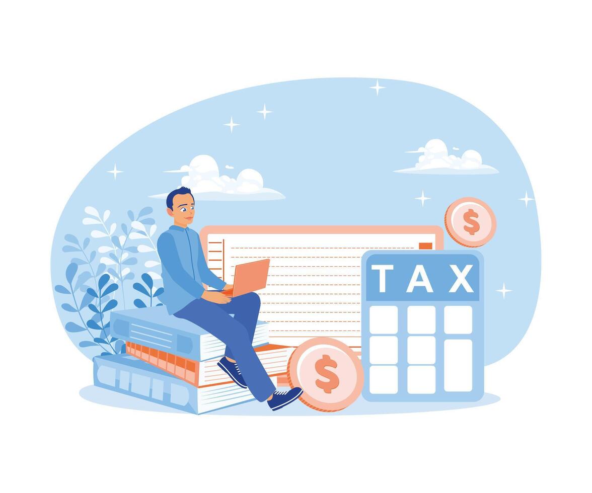 A man is sitting on a pile of documents. Fill out tax forms online using a laptop. Tax Audit concept. Flat vector illustration.