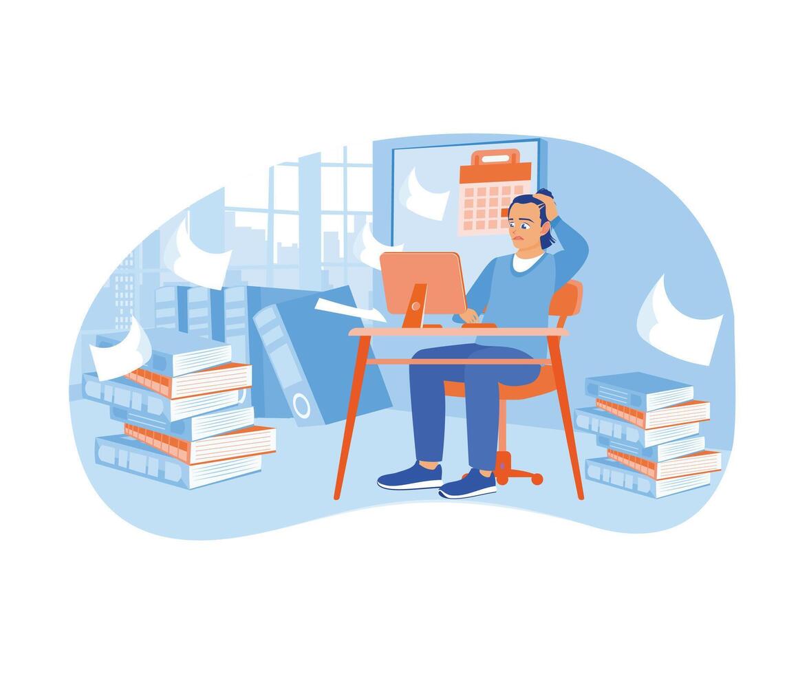 Men work too much. Performing in front of the computer while holding your head with scattered documents. Office Deadline concept. Flat vector illustration.