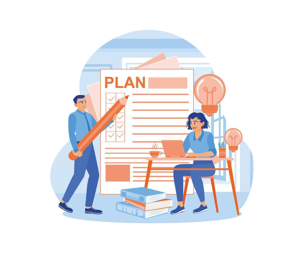 Business strategy ideas. Entrepreneurs make business plans to achieve targets. Business Plan concept. Flat vector illustration.