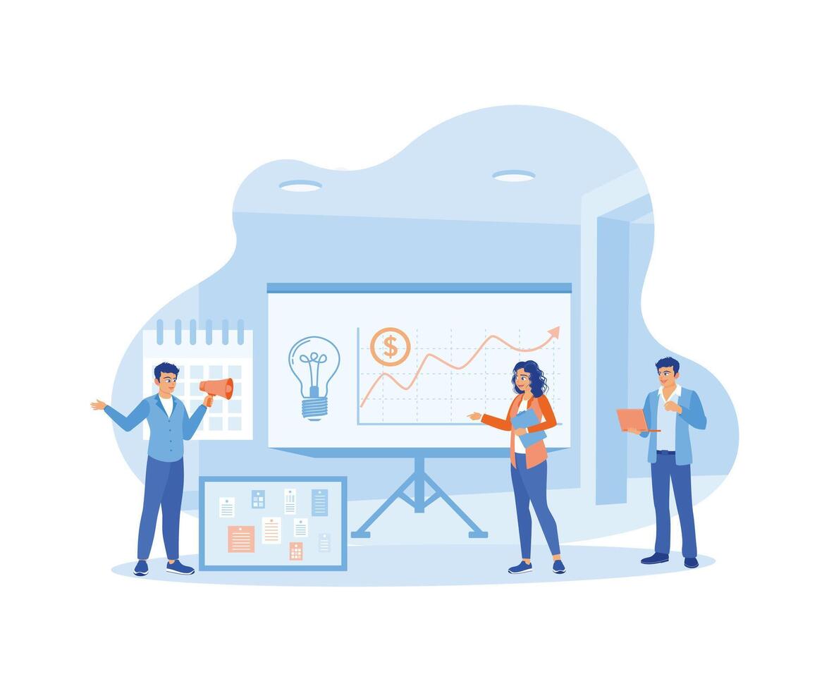 Teamwork communication. People make business strategies on the board. Business Plan concept. Flat vector illustration.