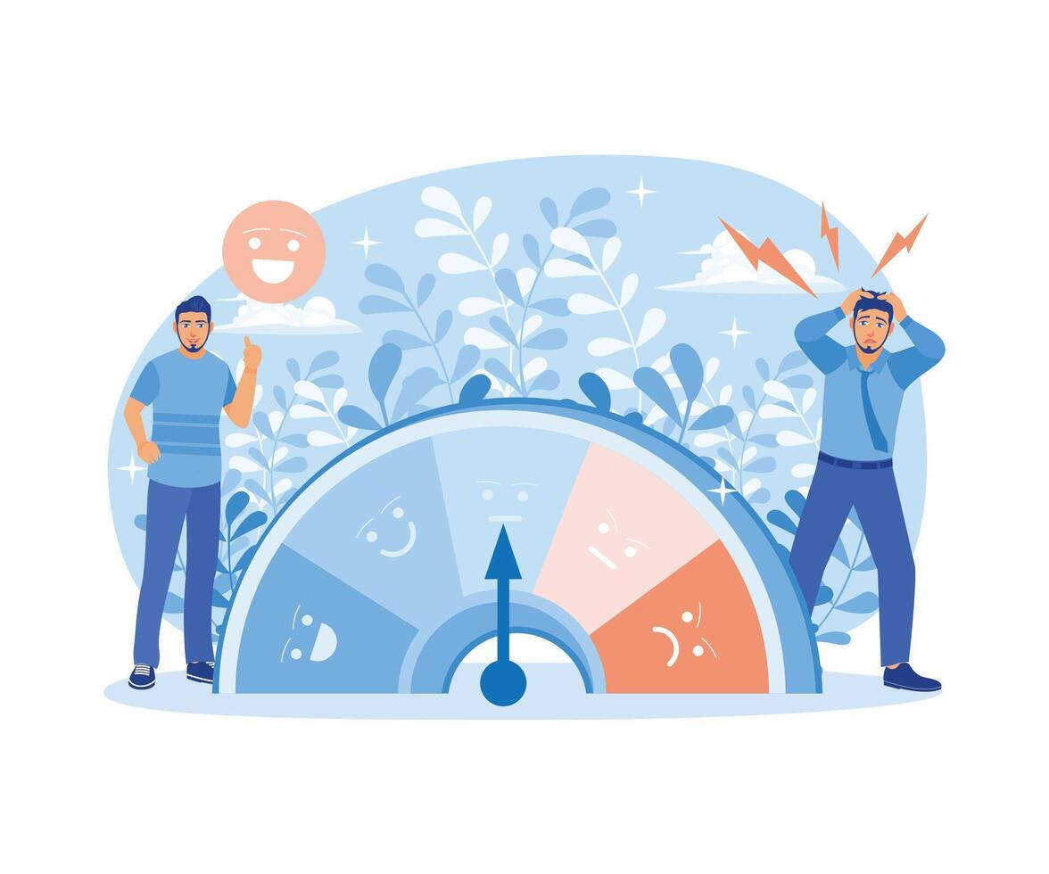 Stress level, mood scale. People are stressed because of work fatigue and excessive mental stress. Stress Levels concept. Flat vector illustration.
