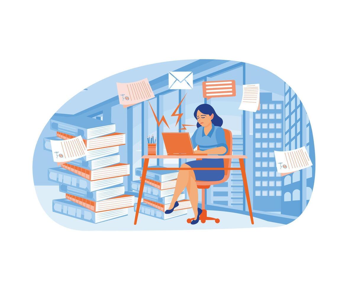 A woman with a tired and stressed face is in the office. There's a lot of work to be done. Stress in Office concept. Flat vector illustration.