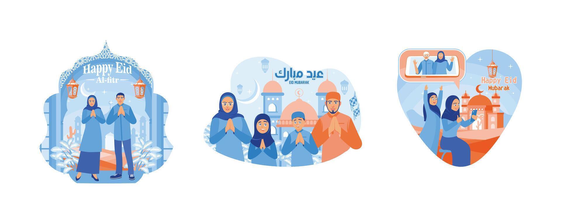 Welcoming Eid al-Fitr. Say Eid al-Fitr greetings. Muslim family makes a video call. Happy Eid Mubarak concept. Set flat vector illustration.