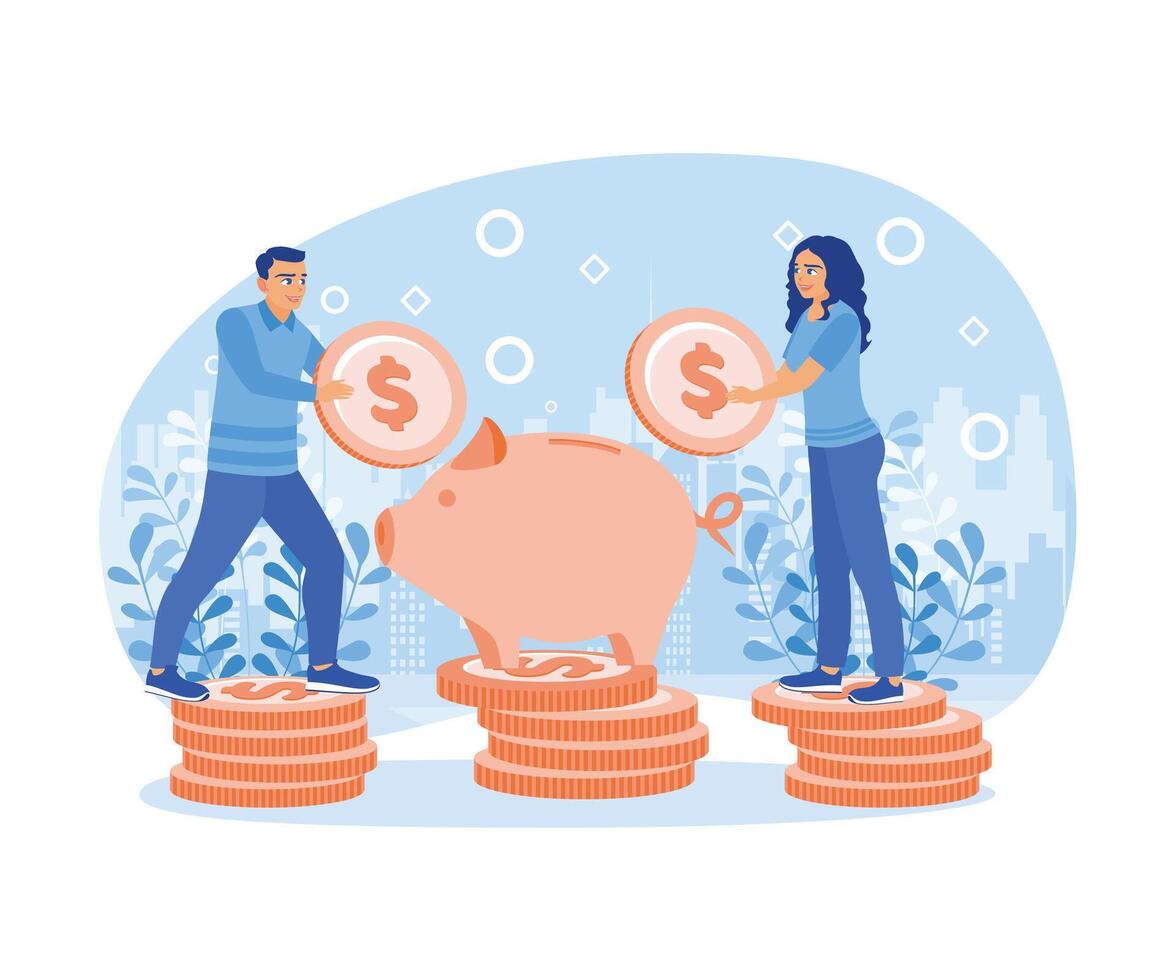 Young couple planning future finances. Save money in a piggy bank. Investment concept. Flat vector illustration.