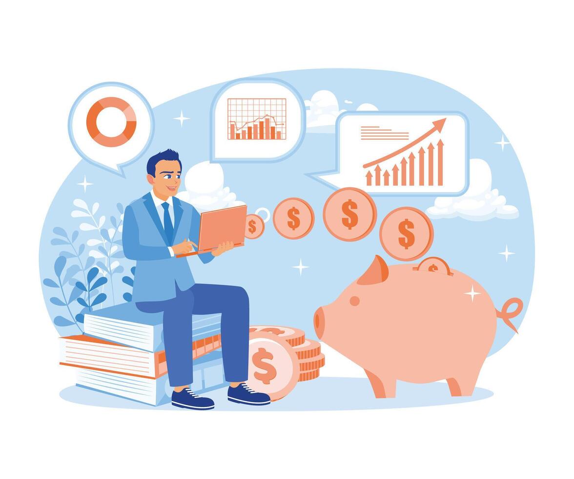 Male freelancer working in front of laptop. The coins go into the piggy bank. Saving money concept. Flat vector illustration.