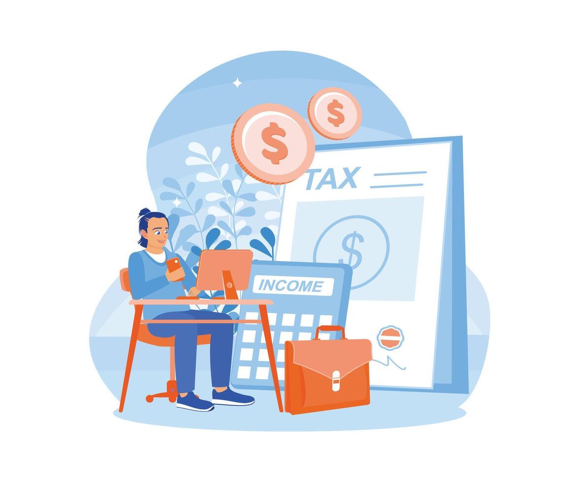 Men calculate and analyze corporate income and taxes. Accountants prepare tax documents. Tax Audit concept. Flat vector illustration.