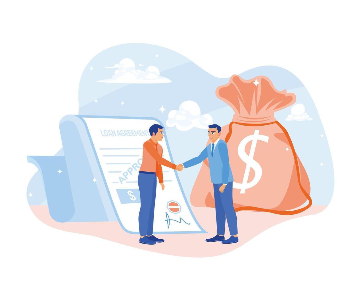The man is shaking hands with the banker with the money loan agreement. A man borrows money from the bank. Approved Loan concept. Flat vector illustration.