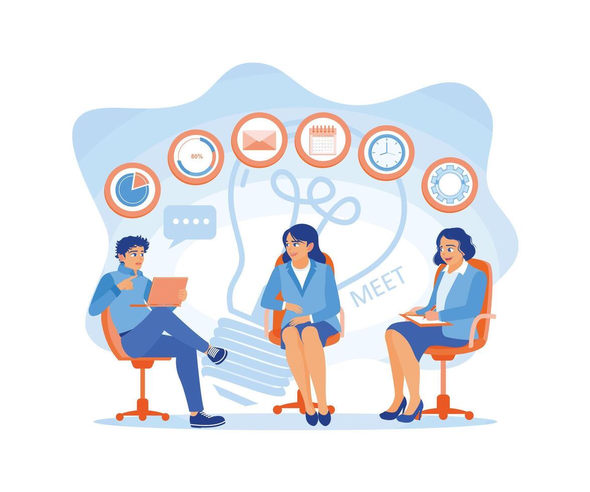 Meeting between manager and business team. Create a task application plan to achieve marketing targets. Business Meeting concept. Flat vector illustration.