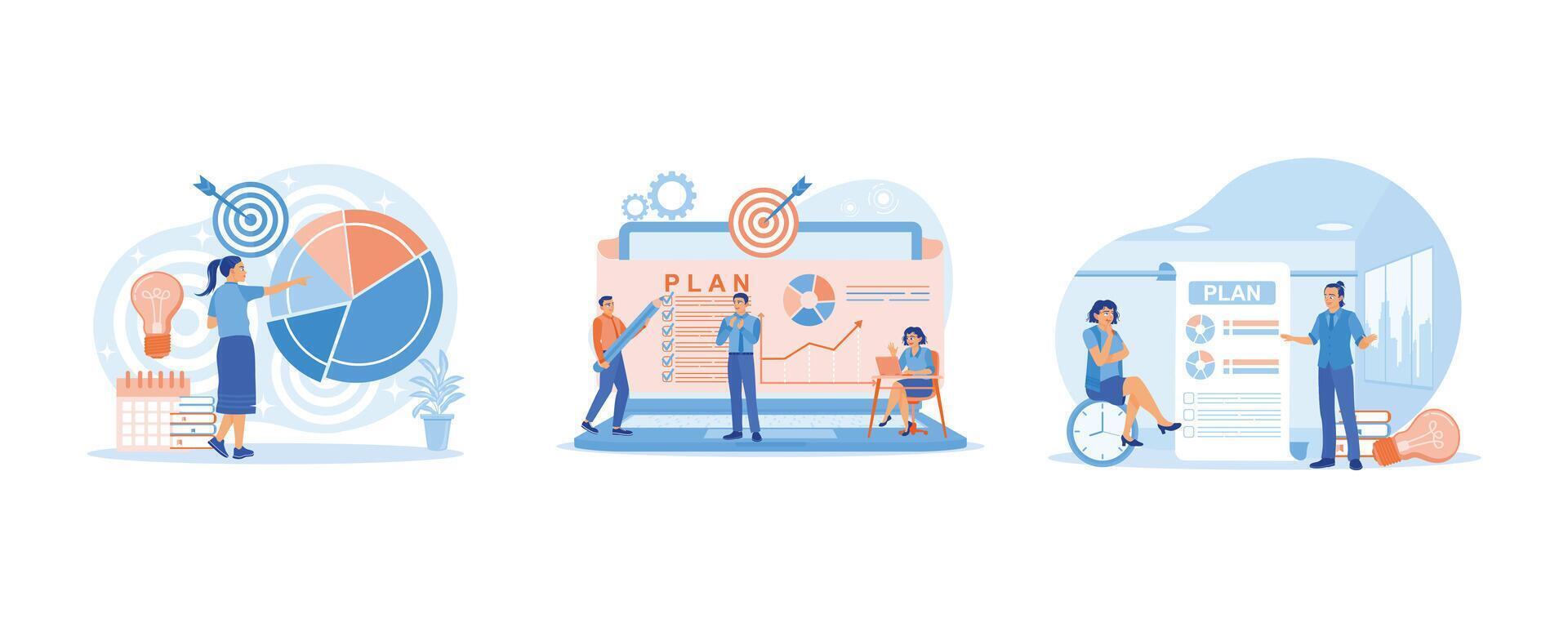 Analyze finances and business strategy. Business team holding meeting in office. Create marketing targets. Business Plan concept. Set flat vector illustration.