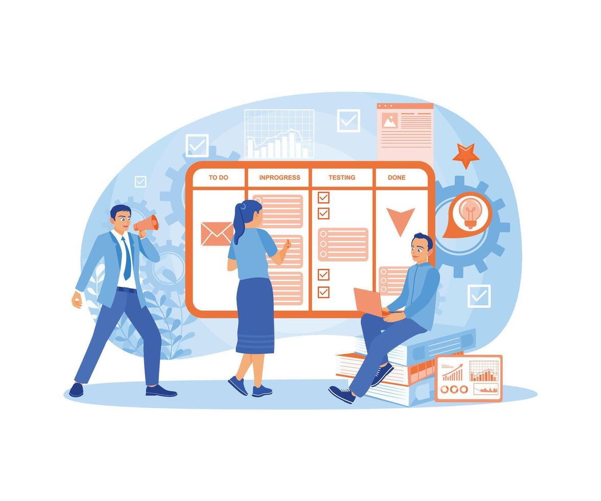 Business people create teamwork concepts on online kanban boards. Project management concept. Flat vector illustration.