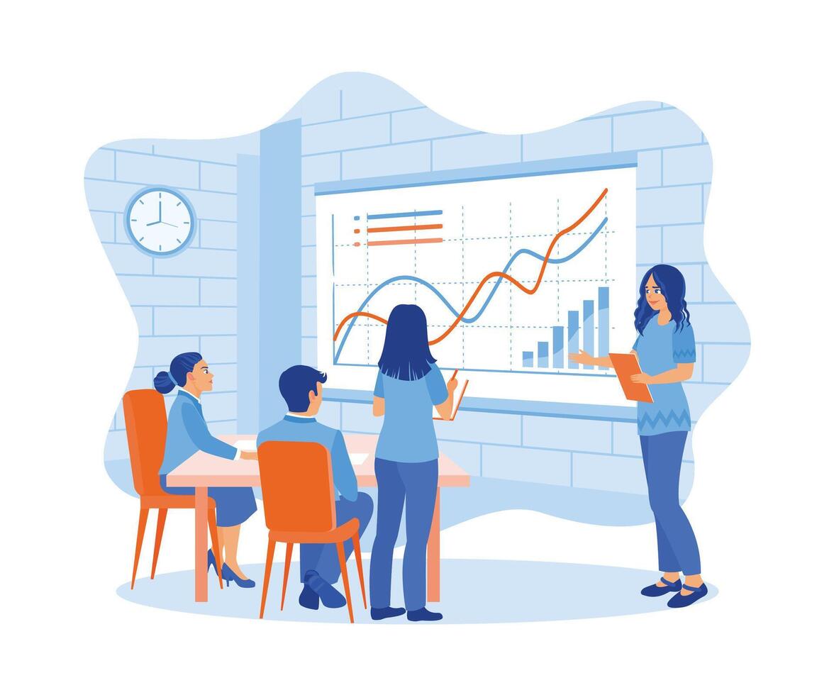 Female manager holding business meetings with employees. Displays graphs and financial reports. Business Meeting concept. Flat vector illustration.