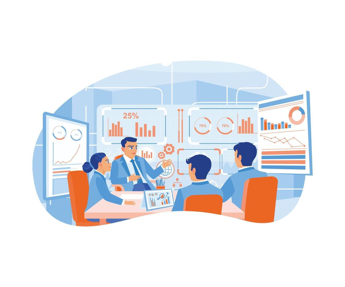 el gerente Guías reuniones con colegas. analizar empresa financiero y márketing datos. negocio reunión concepto. plano vector ilustración.