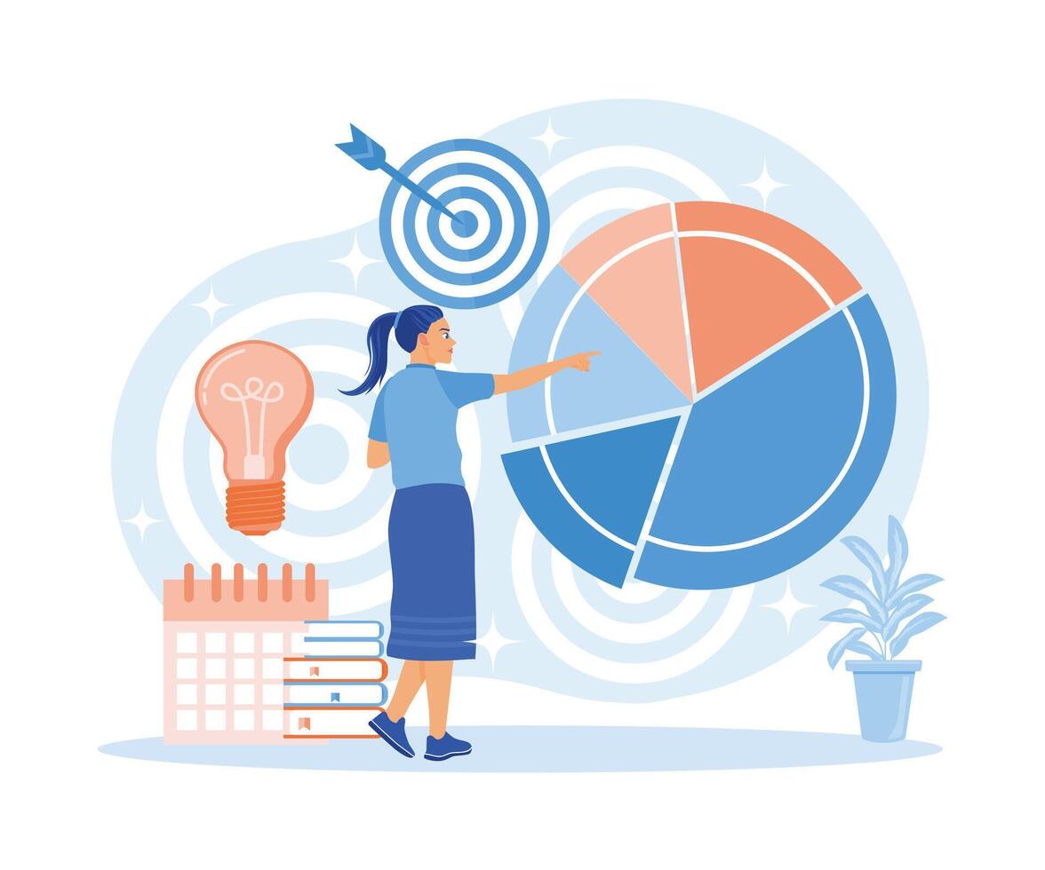 Woman makes business targets. Analyze finances and business strategy. Business Plan concept. Flat vector illustration.