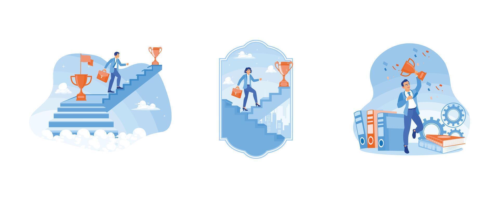 Businessman climbs the ladder to achieve success. Motivation to achieve success. Celebrates success by holding the trophy. Success Business concept.  Set flat vector illustration.