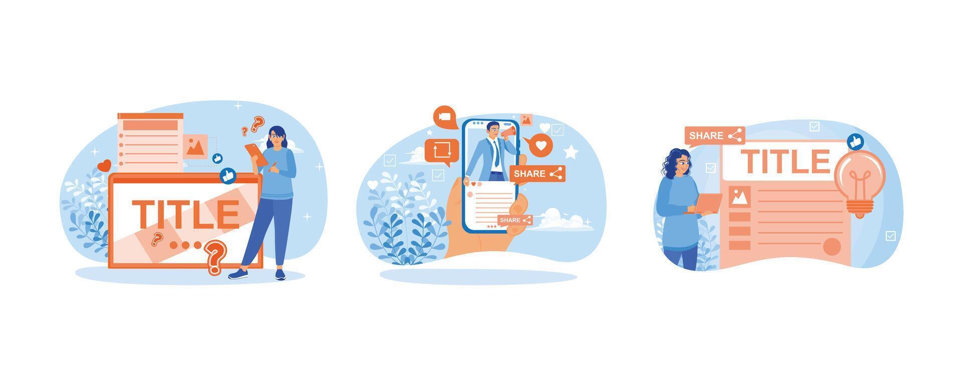 Bloggers create online content. Post video content on social media. Attract viewers to your blog. Blog Promotion concept. Set flat vector illustration.