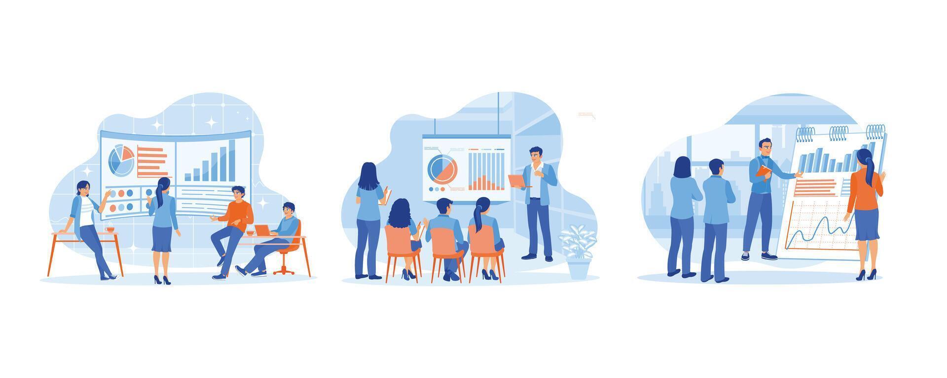 Business team having meeting in office. Displaying business strategy graphs. Discuss marketing graphics on the clipboard. Business Meeting concept. Set flat vector illustration.