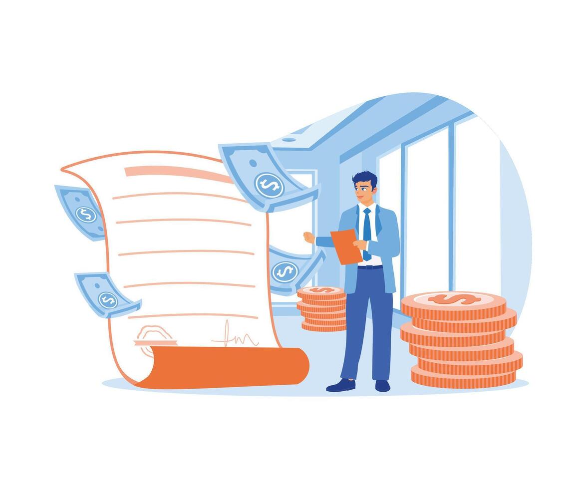Businessman holding loan documents. Bank approved loan agreement. Approved Loan concept. Flat vector illustration.