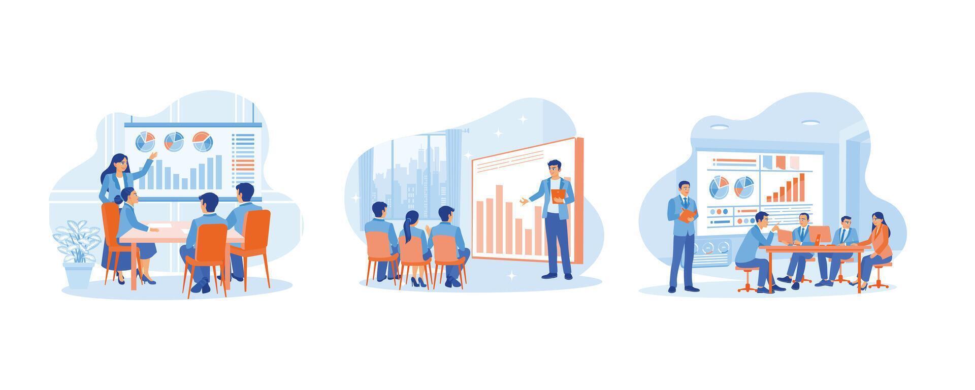 The manager leads meetings with the business team. Display the business growth graph. Exchange ideas during meetings. Business Meeting concept. Set flat vector illustration.