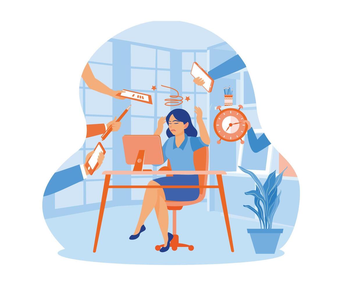 Businesswoman with a sad face in office. A woman surrounded by a lot of work. Multitasking Work concept. Flat vector illustration.