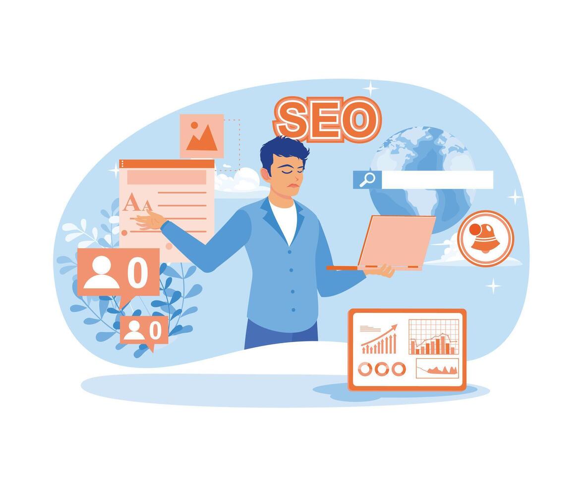 Content production without SEO content audit. Men create digital promotion strategies and content production. Blog Promotion concept. Flat vector illustration.