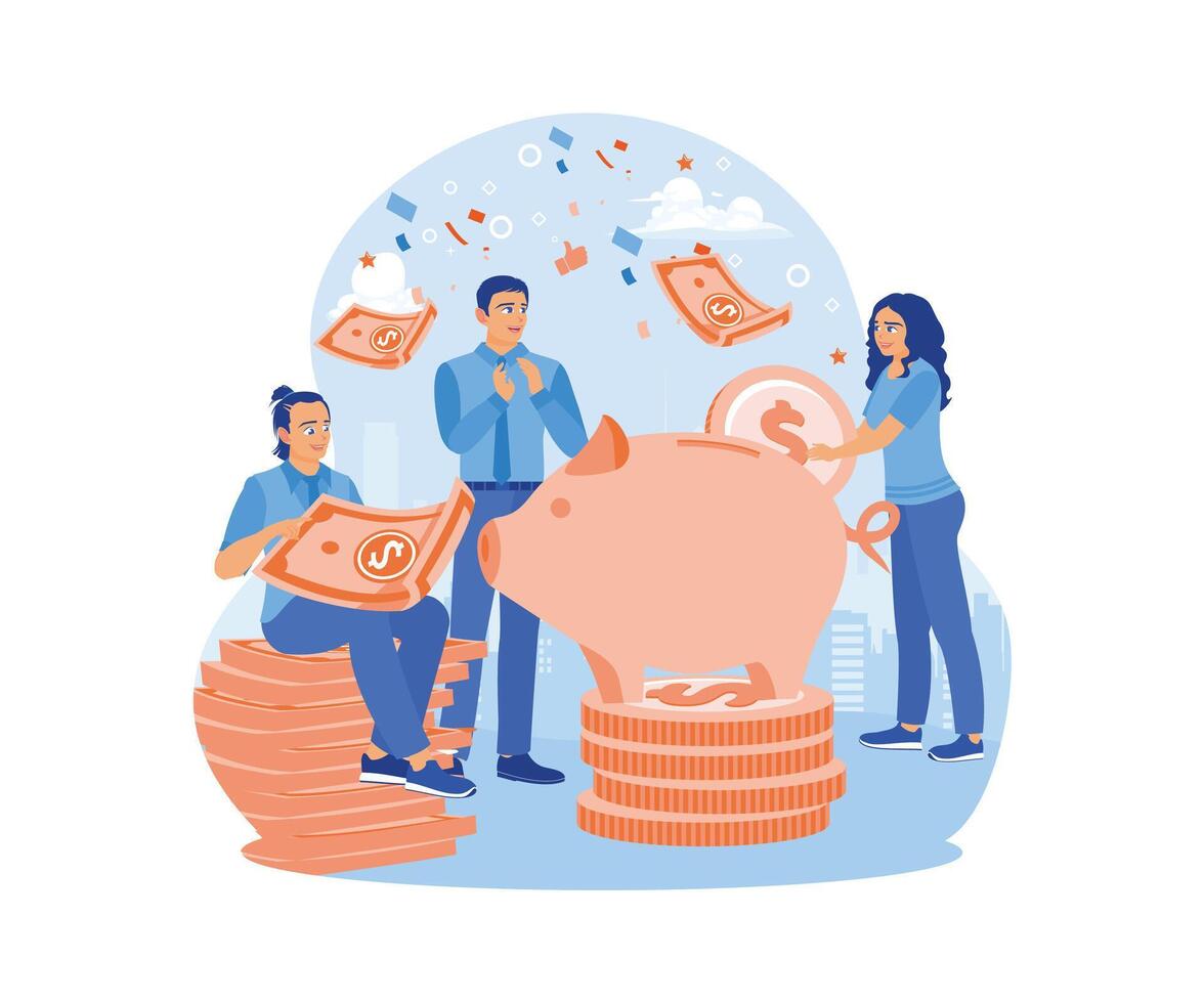 personas salvar dinero en cerdito bancos. financiero inversión para el futuro. ahorro dinero concepto. plano vector ilustración.