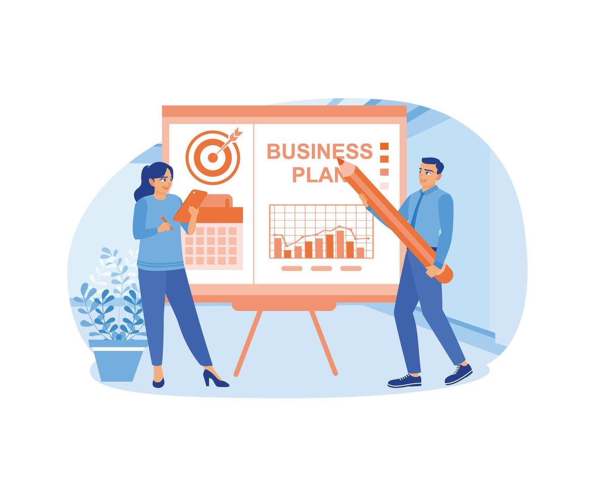 The manager and assistant hold a business plan presentation for the work team. Business strategy to achieve targets. Business Plan concept. Flat vector illustration.