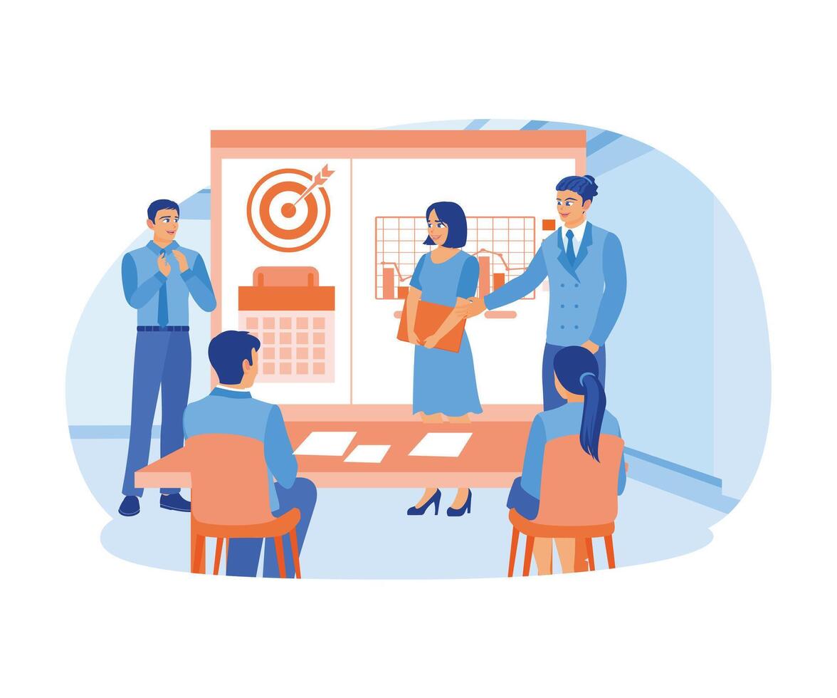 The business team congratulates the outstanding employee. Career promotion towards success. Business Meeting concept. Flat vector illustration.