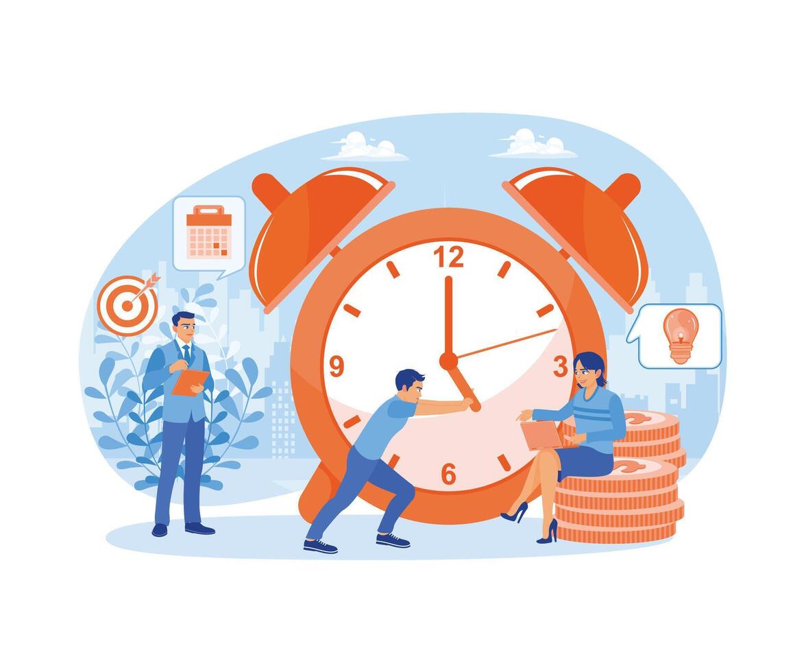 personas trabajo en el oficina. empleados tratar a moverse el reloj manos a obtener trabajo hecho. oficina fecha límite concepto. plano vector ilustración.