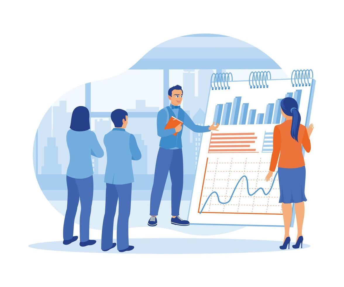 Business meetings between entrepreneurs and colleagues. Discuss marketing graphics on the clipboard. Business Meeting concept. Flat vector illustration.