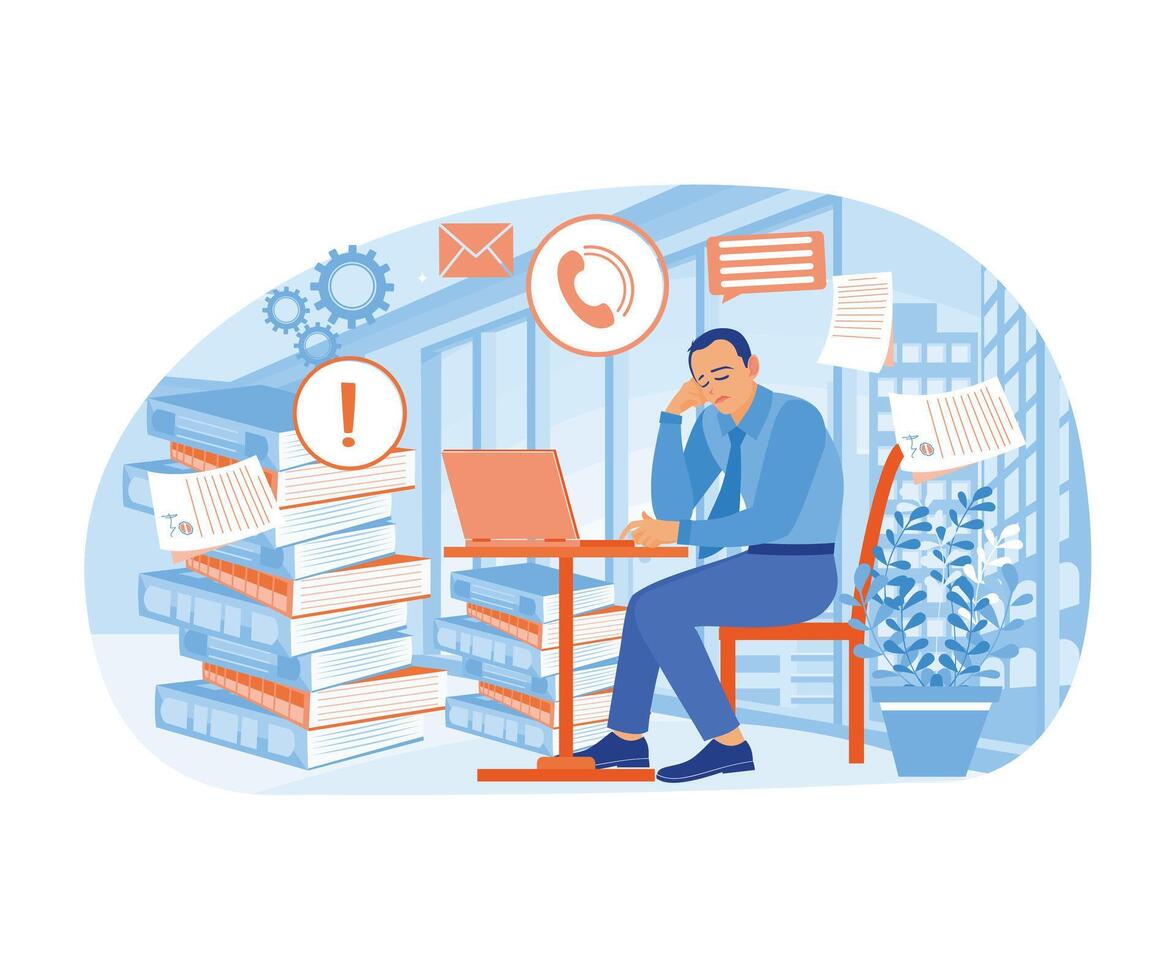 A man with a lot of work to do. Stress and fatigue working in the office. Stress in Office concept. Flat vector illustration.