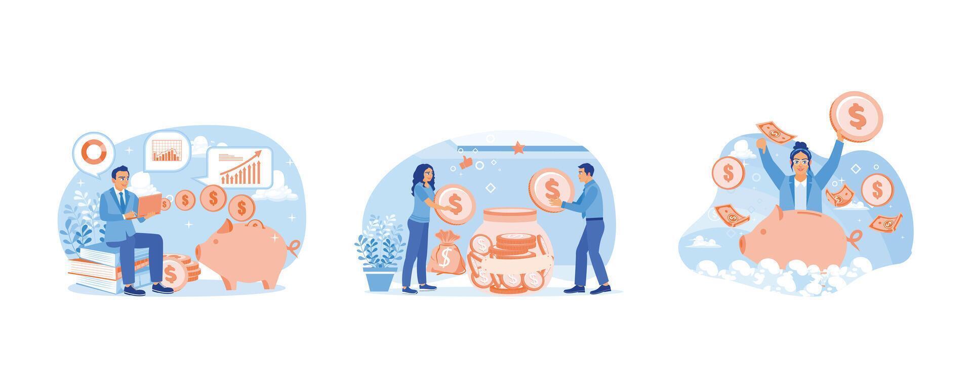 The coins go into the piggy bank. People save and invest money. Collect cash and manage personal finances. Saving money concept. Set flat vector illustration.