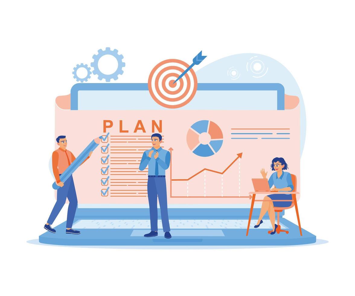 Business team holding meeting in office. Create a business workflow plan towards targets. Business Plan concept. Flat vector illustration.