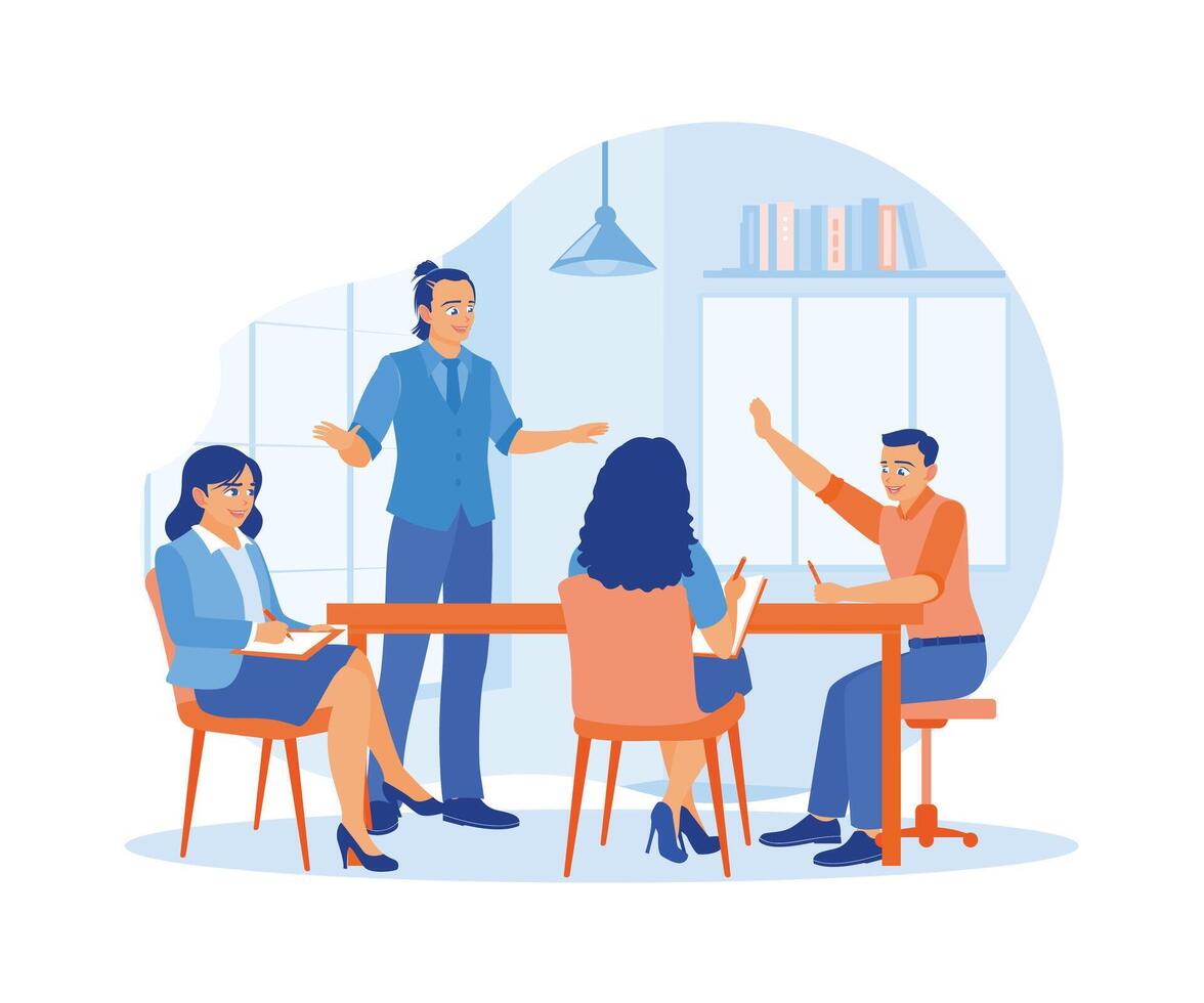 Male manager leading a meeting in the boardroom. Discuss and exchange ideas during meetings. Business Meeting concept. Flat vector illustration.