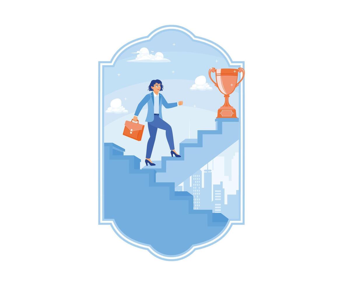 un mujer de negocios es alpinismo el escalera a el trofeo a el cima. motivación a lograr éxito. éxito negocio concepto. plano vector ilustración.