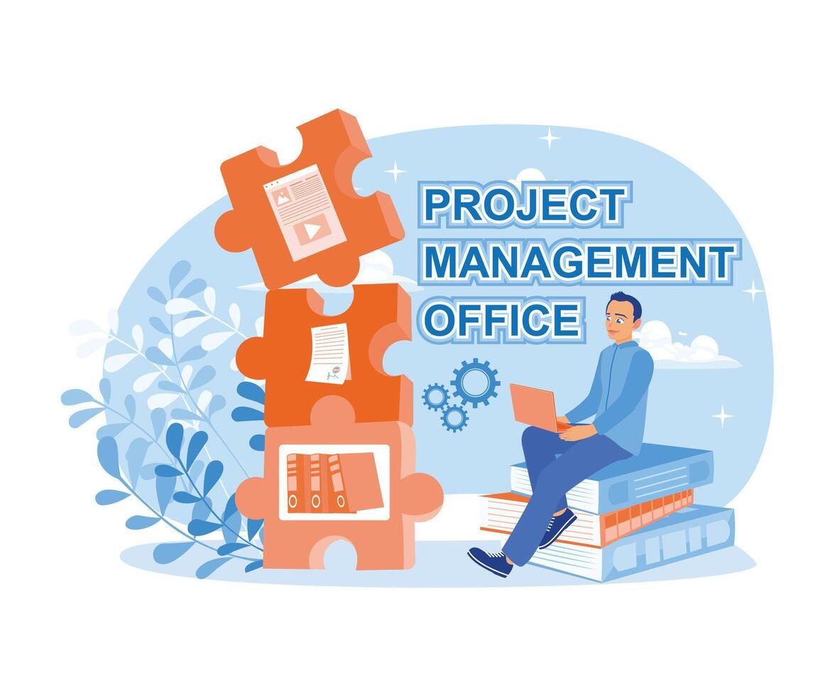 empresario hace proyecto administración y desarrollo. analizando y planificación negocio en el oficina. proyecto administración concepto. plano vector ilustración.