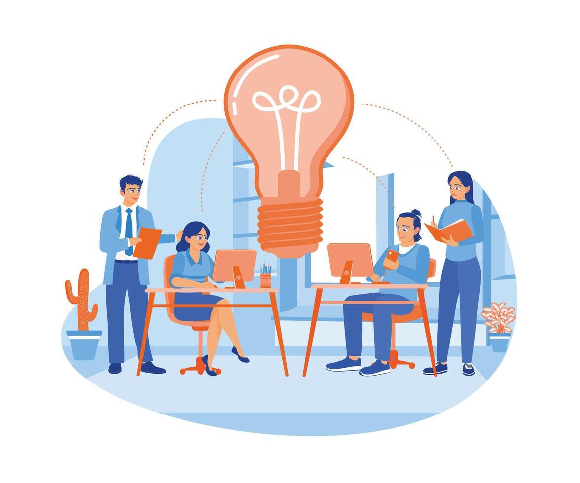 negocio equipo trabajando juntos en compañía. mirando para nuevo ideas y soluciones a éxito. negocio idea concepto. plano vector ilustración.