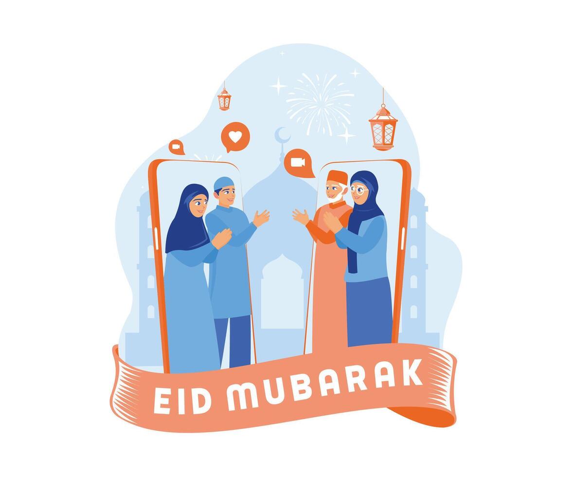 Muslim families are making video calls during the pandemic. Forgive each other and celebrate Eid al-Fitr. Happy Eid Mubarak concept. Flat vector illustration.