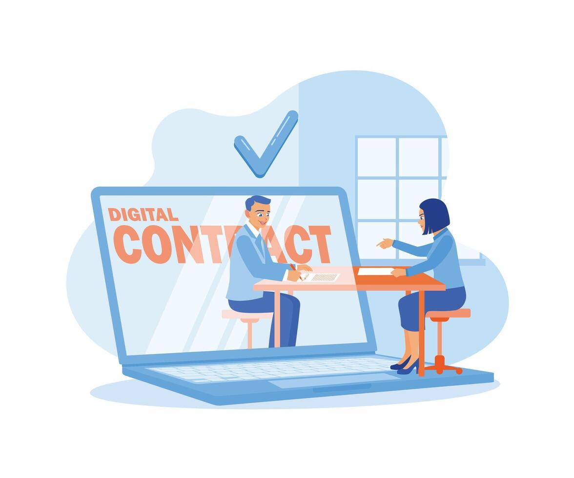 Businessman and colleague signing a digital business contract using a laptop. Contract agreement concept. Flat vector illustration.