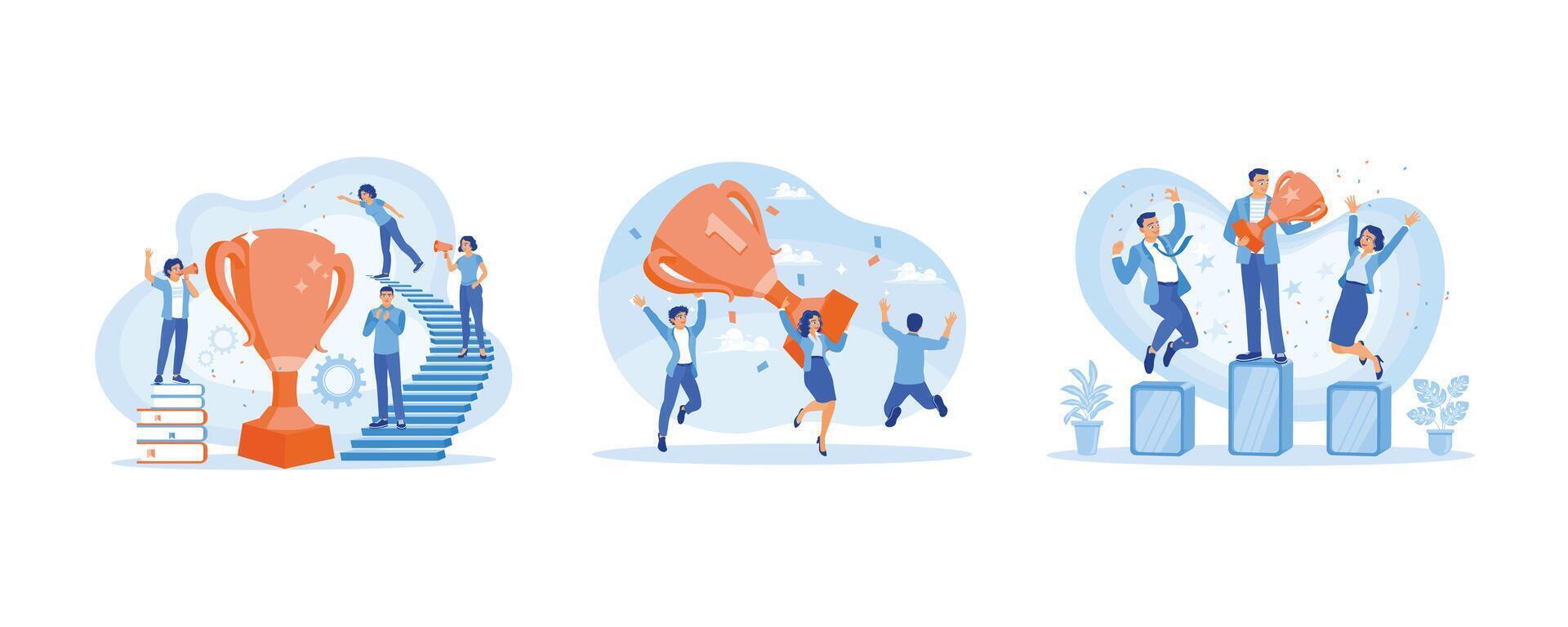 Colleagues celebrate victory. Dance under confetti while carrying big trophies. People standing on the podium. Success Business concept. Set Flat vector illustration.