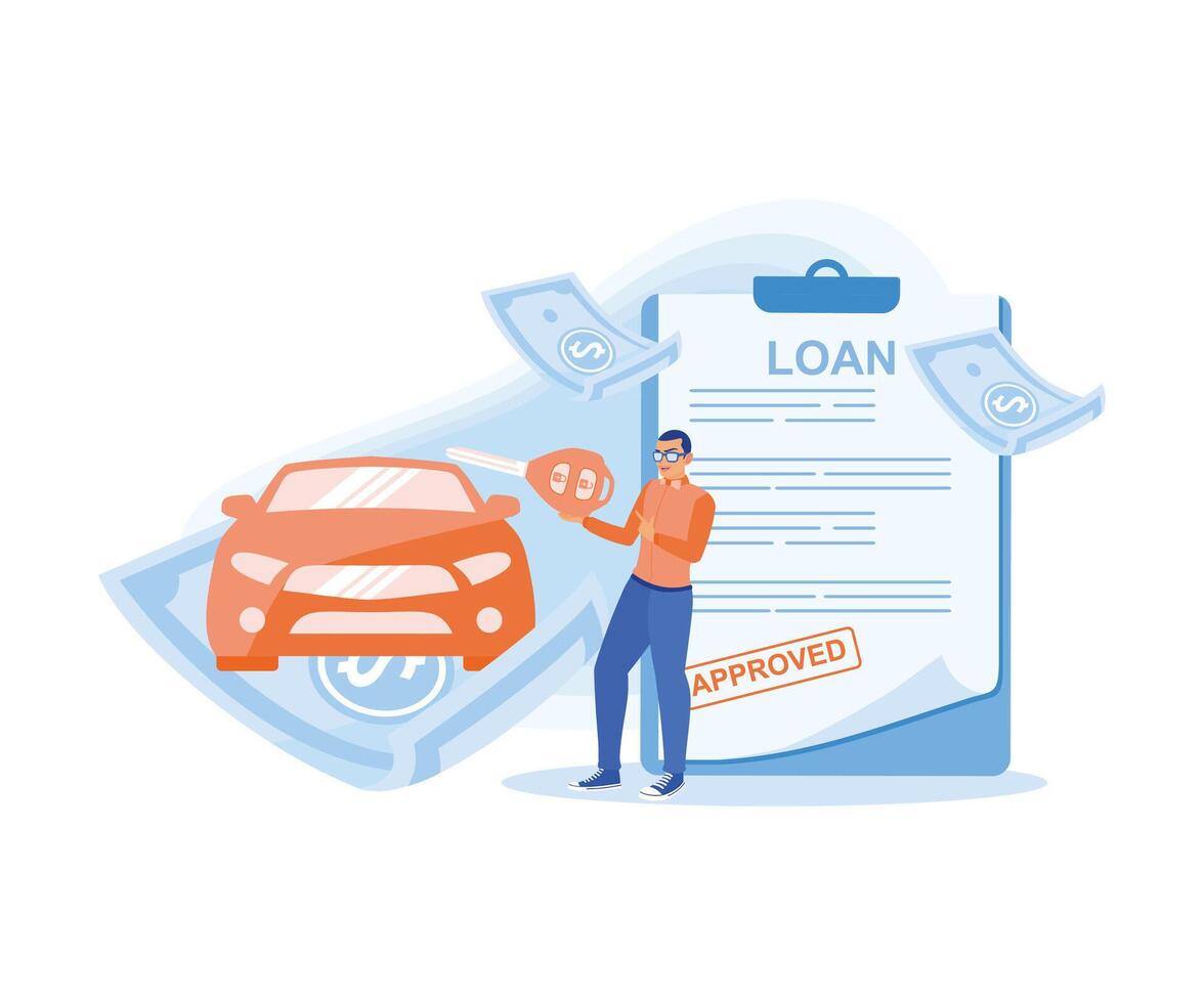 hombre se regocija a banco aprobación para préstamo dinero a comprar un coche. aprobado préstamo concepto. plano vector ilustración.