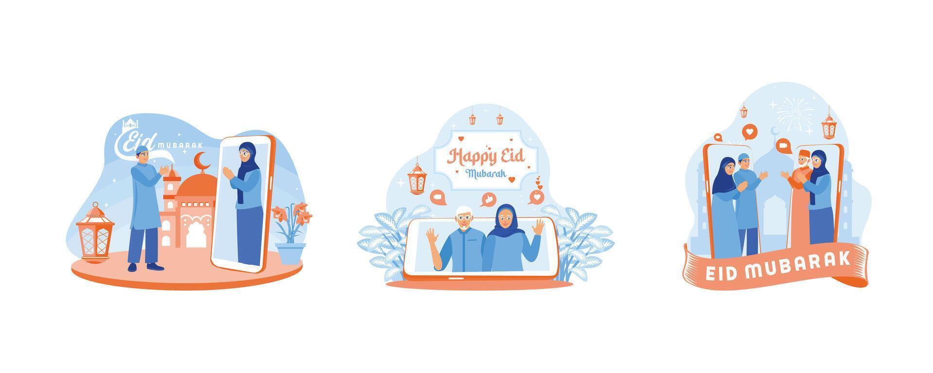 Forgive each other during Eid. Grandparents couple making video calls. Muslim families are making video calls during the pandemic. Happy Eid Mubarak concept. Set flat vector illustration.