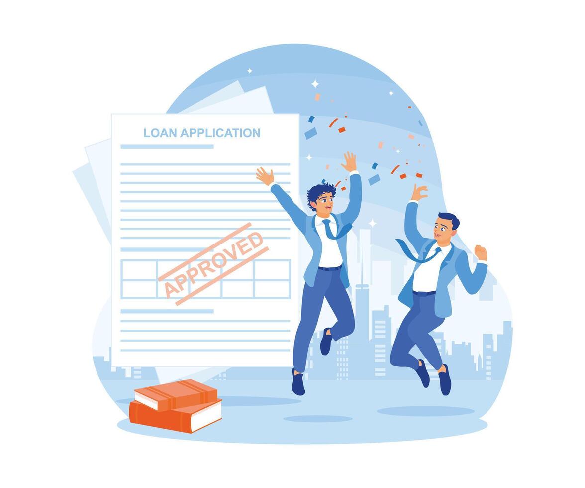 Two happy men jump in the air. A loan application that the bank has approved. Approved Loan concept. Flat vector illustration.