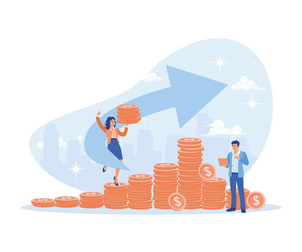 un mujer es caminando en un pila de monedas mientras participación monedas hombre analizando finanzas con un ordenador portátil. inversión concepto. plano vector ilustración.