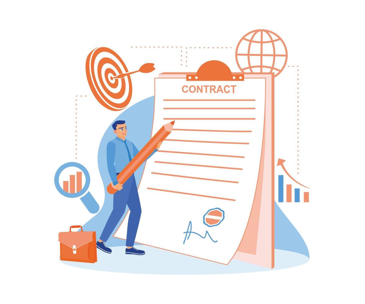 empresario señales contrato documentos. hacer un trabajo acuerdo. contrato acuerdo concepto. plano vector ilustración.