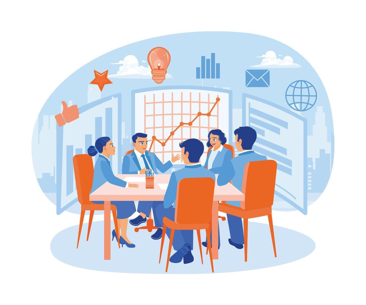 Coworkers meeting in the boardroom. Work together and discuss work projects. Business Meeting concept. Flat vector illustration.