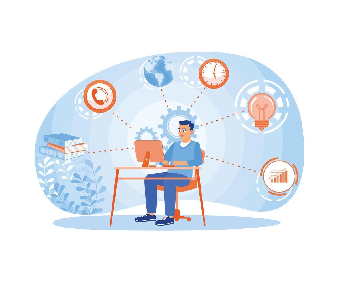 Happy businessman working at the computer. Organize and do multiple jobs at the same time. Multitasking Work concept. Flat vector illustration.